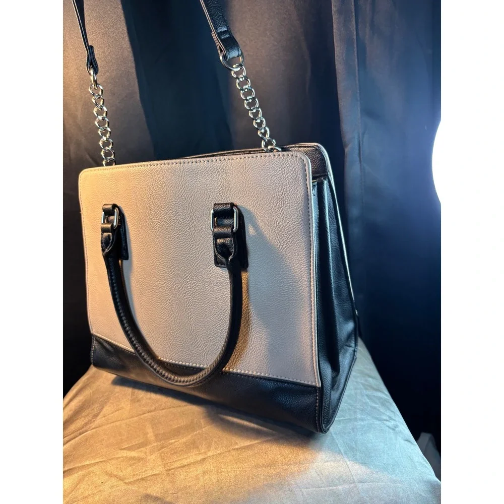 Nine West Black Cream Two Tone Satchel Handbag Silver Hardware Shoulder Bag
